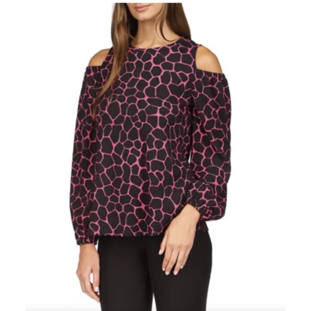 Michael Kors Womens Cold Shoulder Long Sleeve Blouse Pink Black Giraffe Print M